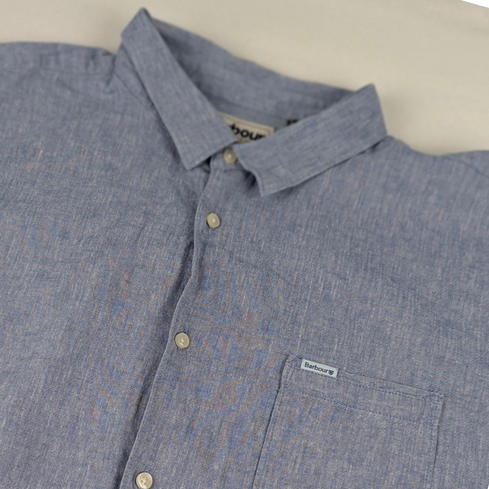 Barbour Mens Blue Linen Blend Short Sleeve Button Down Shirt Regular Fit XXL
